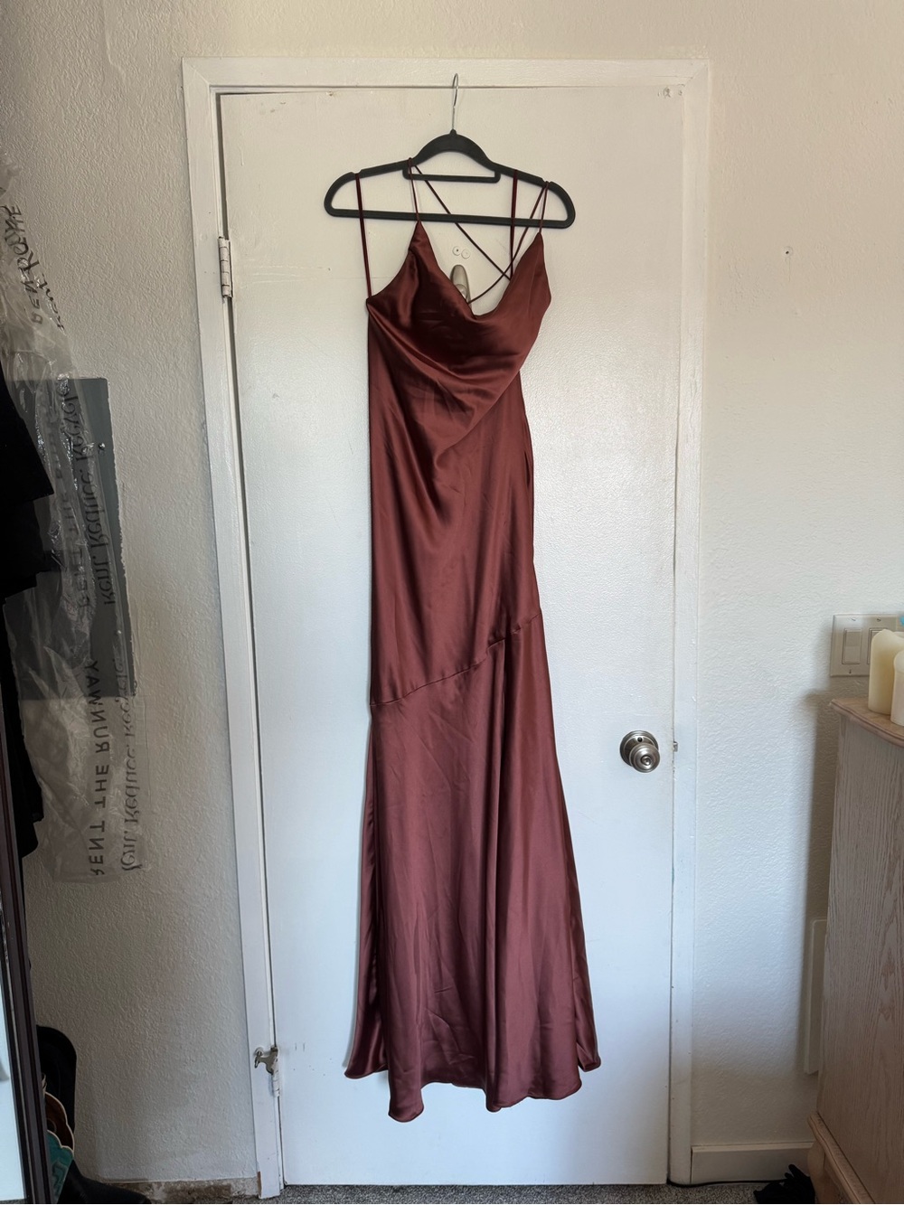 Revelry “Kimora” Satin Slip Maxi Dress in Cinnamon Rose with Strappy Back